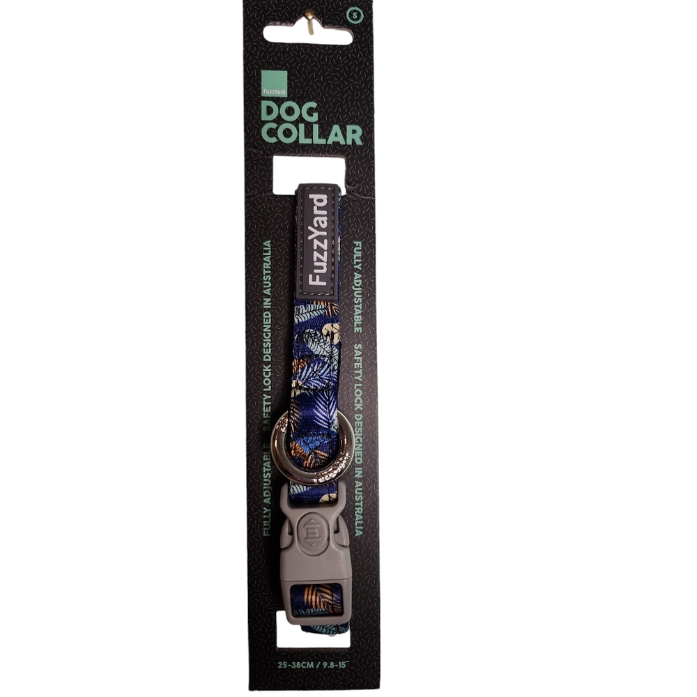 Fuzzyard Blue Leaf Tropical Safety Lock Adjustable Size Small Dog Collar.